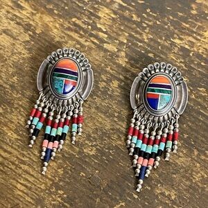 Colorful Beaded Dangle Earrings native American sterling silver 925